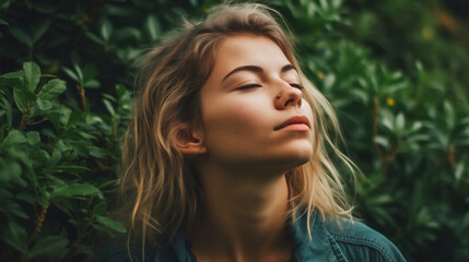 Naklejka premium Portrait of relaxed and confident woman with eyes closed on background of green leaves wall. Thoughtful person in front of green hedge. 