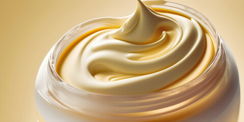Close up of a jar of cream on a yellow background, abstract milk product, Food Background