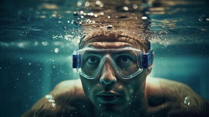 Naklejka premium Professional man swimmer inside swimming pool. Underwater panora. 