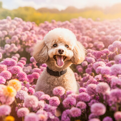 Petal Paws: Charming Poodle Explores Vibrant Floral Wonderland