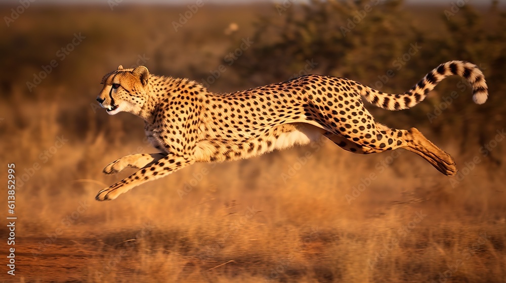 Poster a cheetah running in a field of dry grass. generative ai