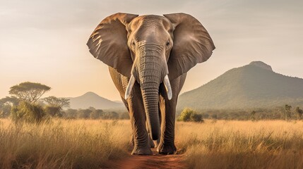 Fototapeta na wymiar an elephant walking down a dirt path in a field of tall grass. generative ai