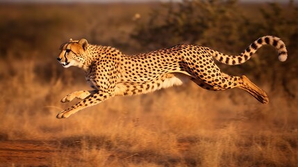  a cheetah running in a field of dry grass.  generative ai - obrazy, fototapety, plakaty