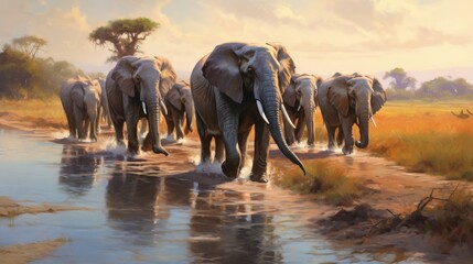 Fototapeta na wymiar a painting of a herd of elephants walking along a river. generative ai