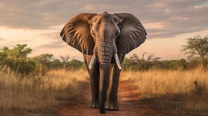 Fototapeta na wymiar an elephant walking down a dirt road in a field of grass. generative ai