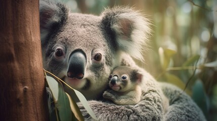  a koala bear and her baby are sitting on a tree.  generative ai