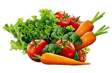 composição de legumes e verduras variadas isolado em fundo transparente - alface, rúcula, tomate, cenoura e brócolis 