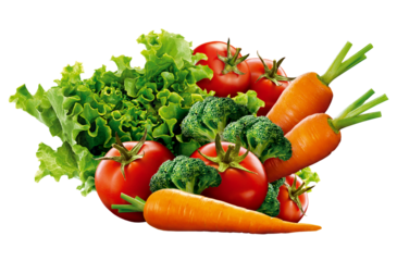 composição de legumes e verduras variadas isolado em fundo transparente - alface, rúcula, tomate, cenoura e brócolis 