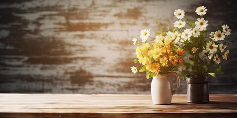Floral decor. Abstract beautiful spring flower decoration vintage wooden table on blurred background with empty space
