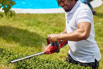 Trimming with Precision: Afro-American Gardener Expertly Tackles Hedges with Hedge Trimmer