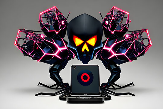 Unravels the insidious web of modern cyberbullying threats, depicting smartphones and computers entangled with menacing skulls, revealing the harmful impact on victims.