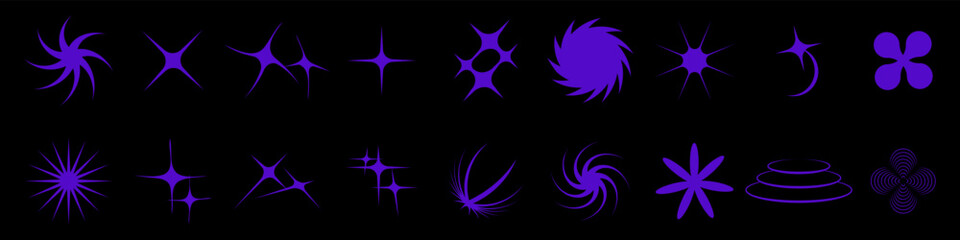 Fototapeta na wymiar Y2K symbols, a large set of retro stars objects for design, projects, posters, banners and business cards. Vector symbols on black background. Vector EPS 10