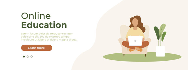 Woman with laptop sitting in home and working. Layout for website page. Concept illustration for working, freelancing, studying, education, work from home. Vector illustration EPS 10