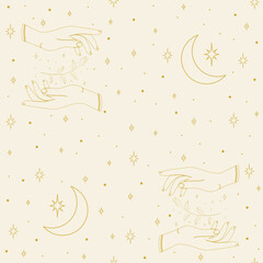Beige seamless vector pattern with astrology mystic elements.