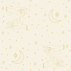 Beige seamless vector pattern with astrology mystic elements.