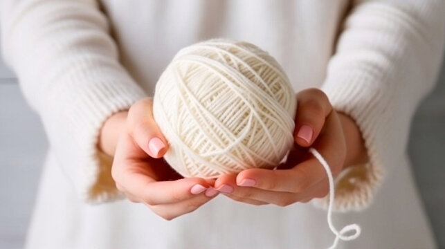 Women's hands BEAUTIFUL close-up, knitting for a newborn, crochet. top view on soft creamy white background.AI generated