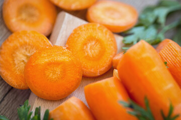 Chopped raw carrot slices close-up.