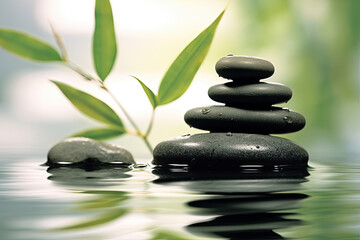 A serene green zen garden background with stone stack, twig, water and bamboo. Concept background on the theme of yoga, relaxation and meditation.