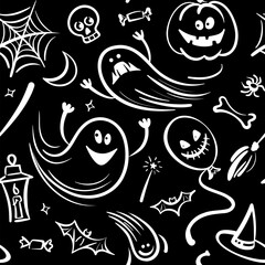 Seamless pattern - white pumpkins, ghosts, bats isolated on black background. Halloween illustration. Symbols of holiday.
