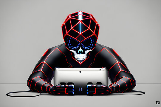 Unravels the insidious web of modern cyberbullying threats, depicting smartphones and computers entangled with menacing skulls, revealing the harmful impact on victims.