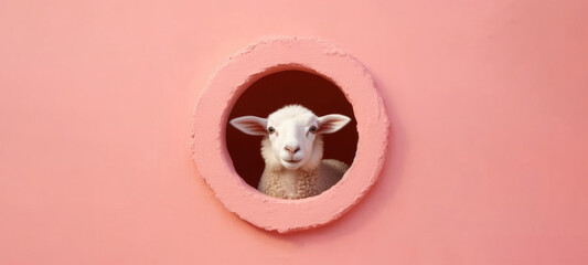 Front view. White cute sheep looks out of a round window in the wall of a pink house. Farm horizontal banner. Waiting, loneliness. Pet care concept. Lamb of God. Realistic illustration. Generative AI