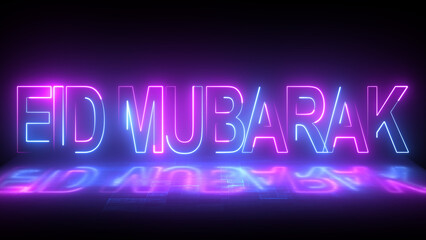 Neon text of Eid Mubarak for the celebration of Muslim community festival Eid Al Adha. Greeting card with sacrificial