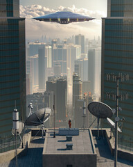 Ufo flying over a grey city and a person on a roof trying to contact aliens in the spaceship through many antennas and radars, concept art, 3D render, noise, chromatic aberration  background unfocused