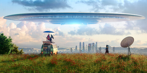 giant ufo floating over a city with glowing bright light and two men trying to establish contact with aliens, in a flower field, concept art, 3D render, noise chromatic aberration background unfocused