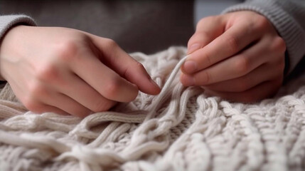men's knitting by hands, on a soft gray background, tenderness, thick thread, in a modern style.AI generated
