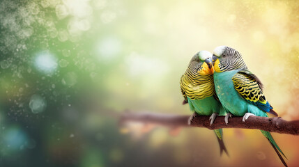 budgerigars australian parakeets on color background