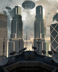 flying saucer flying over a grey city and a man on a roof trying to connect to aliens in the spacecraft through some antennas, concept art, 3D render, noise, chromatic aberration  background unfocused