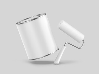 Paint Can With Roller Blank Template. 3d illustration.