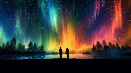 Fototapeta premium lgbt couple under northern lights.