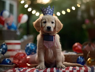 Golden retriever puppy with hat and tie celebrating the 4th of July