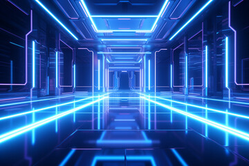 Bright glowing blue neon laser in a futuristic room. Generative AI