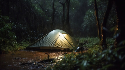 rain on the tent in the forest, tropic, quiet, calm, peaceful, meditation, camping, night, relax. Generative ai.