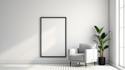 Modern Interior Design with Blank Mockup Frame Poster, 3D Render, 3D Illustration