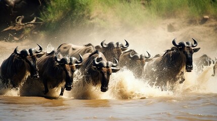  a herd of wildebeests splashing through a river.  generative ai