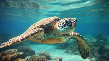  a green turtle swimming in the ocean with a coral reef in the background.  generative ai