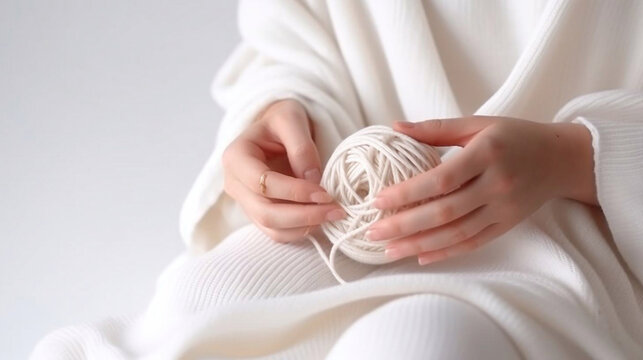 Women's hands close-up, knitting, Crochet.top view on pure white background.AI generated.artificial intelligence