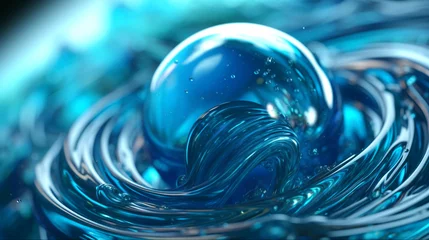 Fotobehang 青い渦を巻く液体の泡やオーブの渦。抽象的な背景。浅い被写界深度。手作業による編集GenerativeAI © enopi