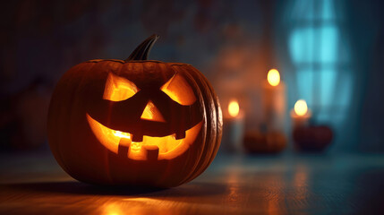 Fototapeta premium close-up of halloween pumpkin jack lantern. Generative AI