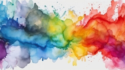 Rainbow watercolor banner background on white. Pure vibrant watercolor colors. Creative paint gradients, fluids, splashes, spray and stains. Abstract background. Generative ai.