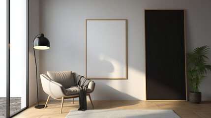 Modern Interior Design with Blank Mockup Frame Poster, 3D Render, 3D Illustration