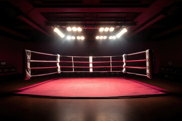 Empty Box arena illuminated by spotlights and spotlights, template with text space for the banner. Sports betting, professional boxing, nobody. Black red colors. Generative AI.