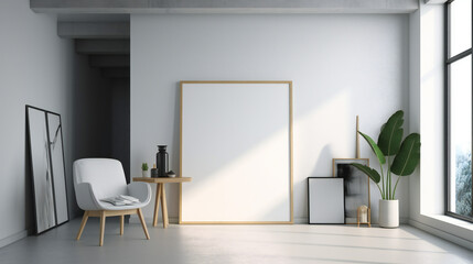 Modern Interior Design with Blank Mockup Frame Poster, 3D Render, 3D Illustration