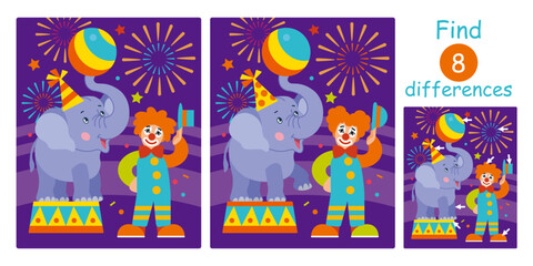 Find differences, education game for children. Cute cartoon flat vector illustration with clown and trained elephant in circus arena.