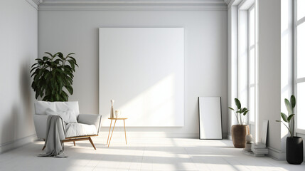 Modern Interior Design with Blank Mockup Frame Poster, 3D Render, 3D Illustration