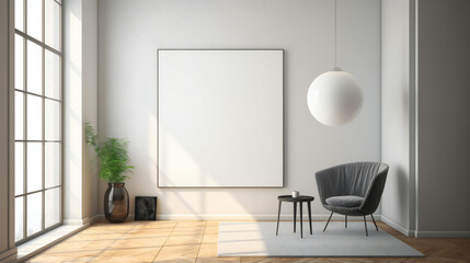 Modern Interior Design with Blank Mockup Frame Poster, 3D Render, 3D Illustration