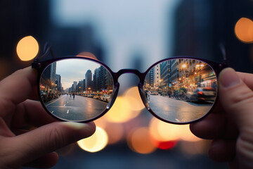 A person holding up a pair of glasses in front of a city street. Generative AI.